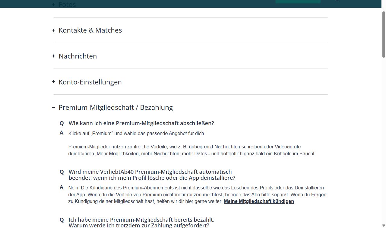 FAQ von VerliebtAb40, Rubrik Premium-Mitgliedschaft und Bezahlung