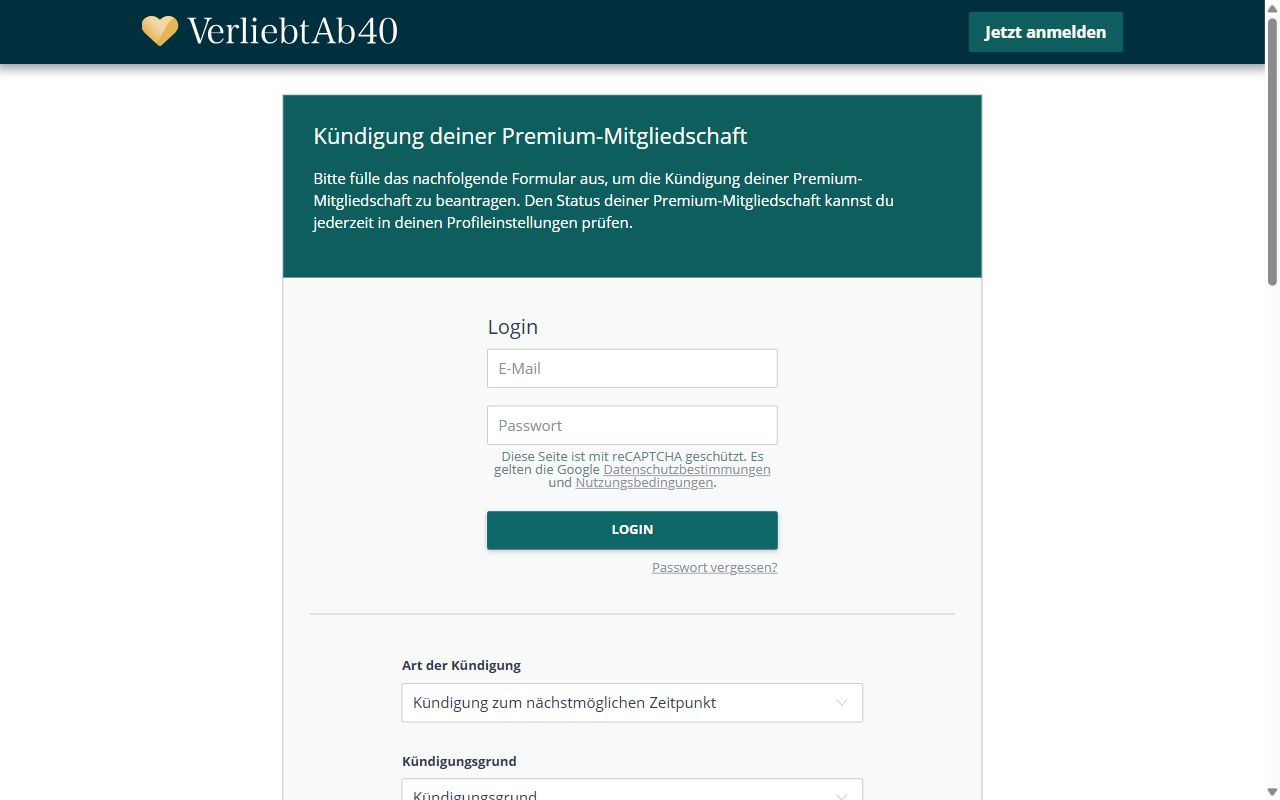 Formular Kündigung deiner Premium-Mitgliedschaft auf verliebtab40.ch