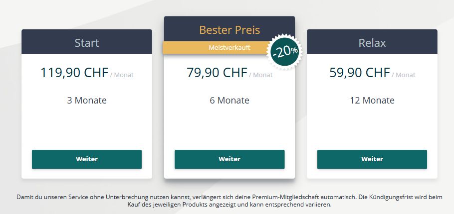 Premium-Pakete Start, Bester Preis und Relax in CHF