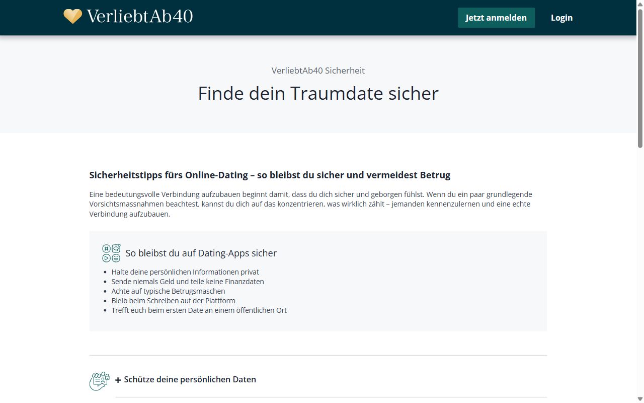 Sicherheitsseite von VerliebtAb40 mit Tipps gegen Betrug